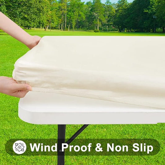 Smiry Rectangle Tablecloth, Elastic Fitted Flannel Backed Vinyl Tablecloths for 4ft Folding Tables, Waterproof Wipeable Table Covers for Indoor, Outdoor, Picnic and Camping (Beige, 30"x48")
