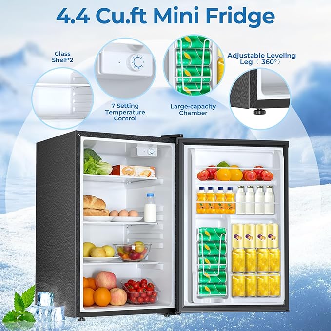 Electactic Compact Refrigerator 4.4 Cu.ft Mini Fridge, Single Door Refrigerator with Adjustable Temperature Settings, Low Noise, for Bedroom, Office, Dorm Black