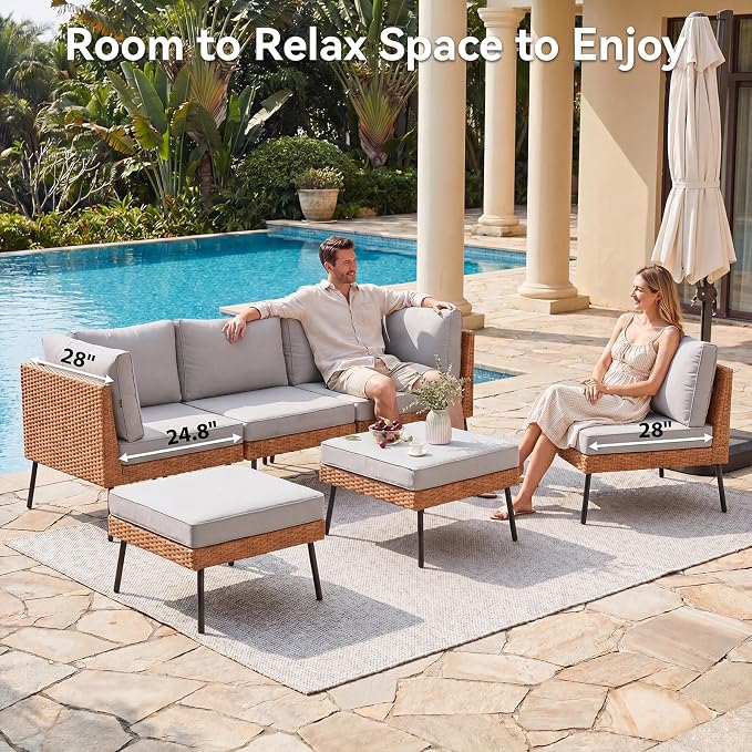Aoxun 6-Piece Patio Furniture Set, Wicker Outdoor Furniture with Water Resistant Thick Cushions, Patio Conversation Set Outdoor Sectional Sofa with Coffee Table for Backyard Poolside, Light Grey