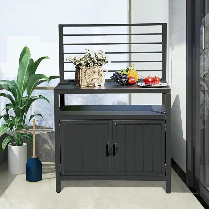 Domi Outdoor Kitchen Island with Storage, Aluminum Kitchen Storage Island with Wall Hanging, Freestanding Grill Storage Cabinet with Protective Cover for BBQ, Deck, Patio, Backyard