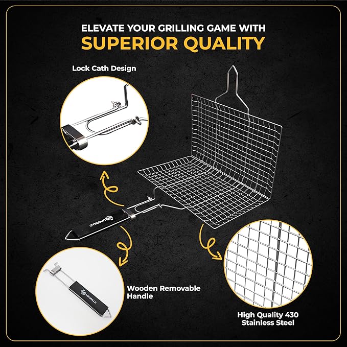 UPGRILLZ Fish Grill Baskets for Outdoor Grill Vegetables, Fish Grilling rack for Grill, BBQ Grilling Basket, Stainless steel Grill Basket for Veggies, shrimp Includes 50 skewers, Silicon Brush, and Carry Bag