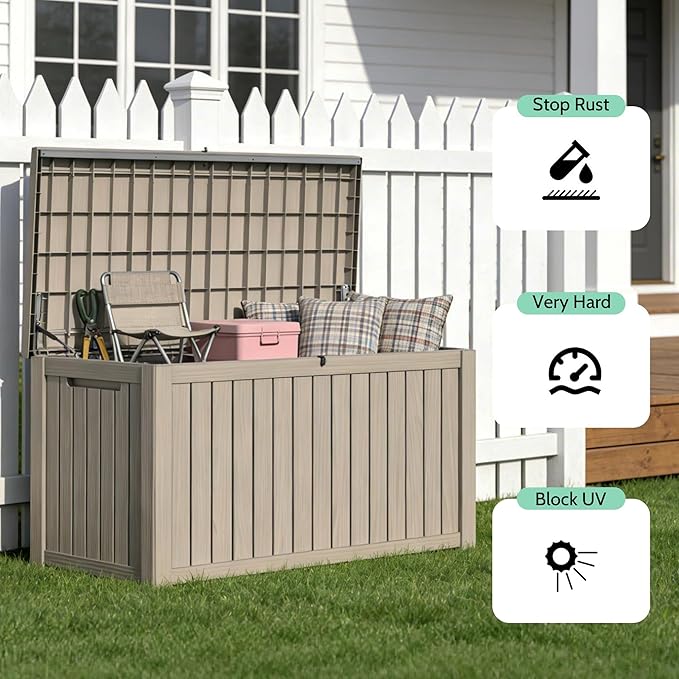 PatioZen 200 Gallon Deck Box, Outdoor Storage Box, Outdoor Storage Box for Cushions, Garden Tools, Furniture Storage,Waterproof, Lockable and Resin,Grey