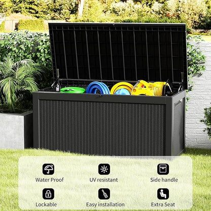 Outdoor Storage Box, 320 Gallon Lockable Resin Deck Box Large Waterproof, Patio Storage Bin for Furniture Cushion, Garden Tools and Pool Accessories, UV-Resistant Bench for Outside, Black