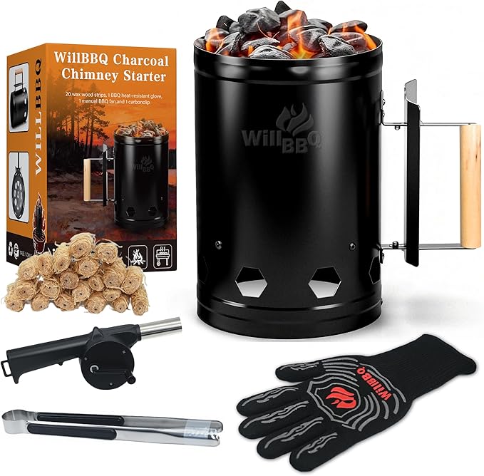 WILLBBQ Charcoal Chimney Starter Great for Fireplace, BBQ, Fire Pits, Barbecues, Chimineas, Campfires, Pizza Ovens - Zinc Steel BBQ Kit, 20 Starters, Heat Resistant Gloves Blower (Black)