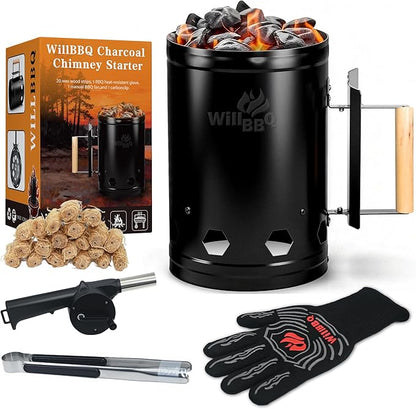 WILLBBQ Charcoal Chimney Starter Great for Fireplace, BBQ, Fire Pits, Barbecues, Chimineas, Campfires, Pizza Ovens - Zinc Steel BBQ Kit, 20 Starters, Heat Resistant Gloves Blower (Black)