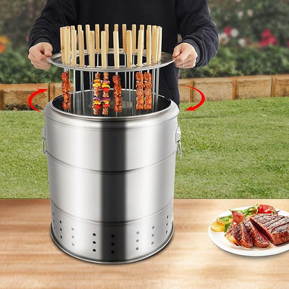 Portable Barbecue Charcoal Barrel Grill, Stainless Steel Smokeless Surround Charcoal Grill with 28 Skewers, for Picnics, Camping, Travel, Garden Party, Beach