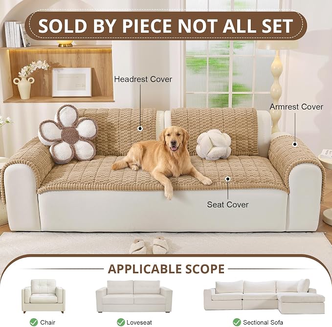 OstepDecor Couch Cover for Dogs, Washable Non Slip Sofa Cover for Pets | Soft Couch Covers for Sofa, Loveseat and Sectional, Furniture Protector Against Pet Hair & Dirt (27.6" x 82.7", Khaki)
