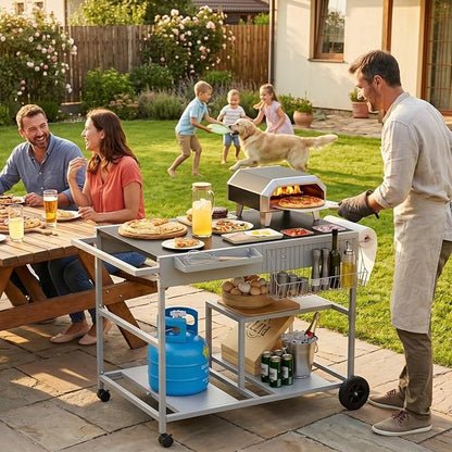 Vongrasig Pizza Oven Table with Topping Station, Patio Kitchen Island Outdoor Bar Cart, Outdoor Grill Cart with Storage for Blackstone Grill Ooni Pizza Ovens