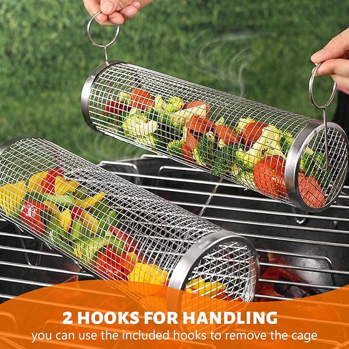 KAYCROWN Stainless Steel Grill Baskets, 2Pcs (12Inches & 8Inches), BBQ Grill Accessories with 2 Forks & 2 Hooks, Silver