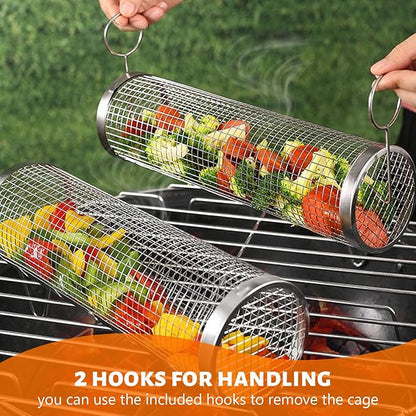 KAYCROWN Stainless Steel Grill Baskets, 2Pcs (12Inches & 8Inches), BBQ Grill Accessories with 2 Forks & 2 Hooks, Silver
