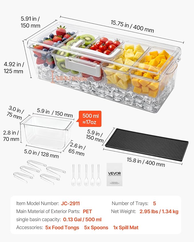 VEVOR Chilled Condiment Server Caddy, 5 Compartment Ice Cooled Serving Container, Plastic Fruit Garnish Tray Platter with Lid, for Taco Salad Bar Accessories, Party Home Restaurant Supplies