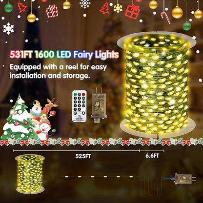 KNONEW 532FT 1600LED Green Wire Outdoor Fairy Lights Plug in Warm White | Timer,Memory,Dimmable,Remote,Waterproof,Green Wire,Invisible in Greenery,for Garden,Wedding,Party, Indoor/Outdoor, Christmas