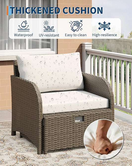 Garvee 5-Piece Outdoor Patio Conversation Set with Hidden Ottomans | PE Rattan Wicker Patio Furniture with Soft Cushions & Glass Coffee Table, Outdoor Lounge Chairs for Porch, Backyard (Beige)