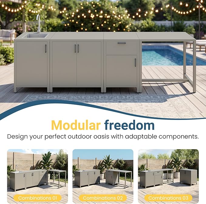 Wisteria Lane Outdoor Storage Cabinet with Stainless Steel Sink, Aluminum Modular Outdoor Kitchen, All Weather Kitchen Island with Double Door Storage, Patio Bar Table for BBQ, Porch, Backyard