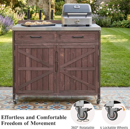 Merax Farmhouse 39.4" Grill Cart with Drawer, Storage Cabinet and Stainless Steel Top, Outdoor Grill Station w/Internal Racks & Lockable Wheels, Modular Kitchen Island for Food Prep & BBQ, Dark Brown