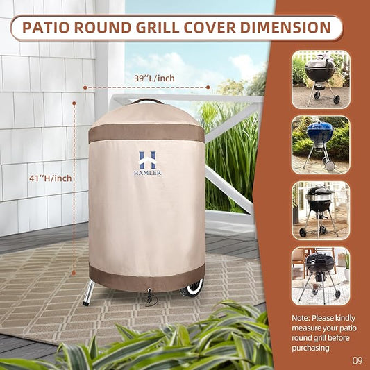 HAMLER Round Barbecue Cover, 39 Inch Small Smoker Cover, Heavy Duty Waterproof Outdoor Grill Cover Fits Weber, Charcoal Kettle, Masterbuilt, Dyna-Glo, Brown & Beige