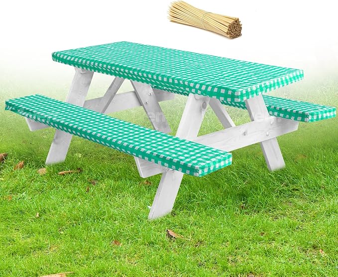 LINPRO Premium Picnic Table Cover with Bench Covers Vinyl Fitted Picnic Table Covers with Elastic RV Camping Accessories and Camper Must Haves Waterproof (Green Gingham, 72 x 30 (6ft))