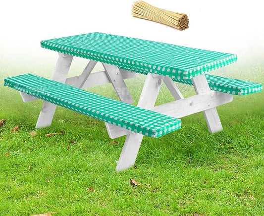 LINPRO Premium Picnic Table Cover with Bench Covers Vinyl Fitted Picnic Table Covers with Elastic RV Camping Accessories and Camper Must Haves Waterproof (Green Gingham, 72 x 30 (6ft))