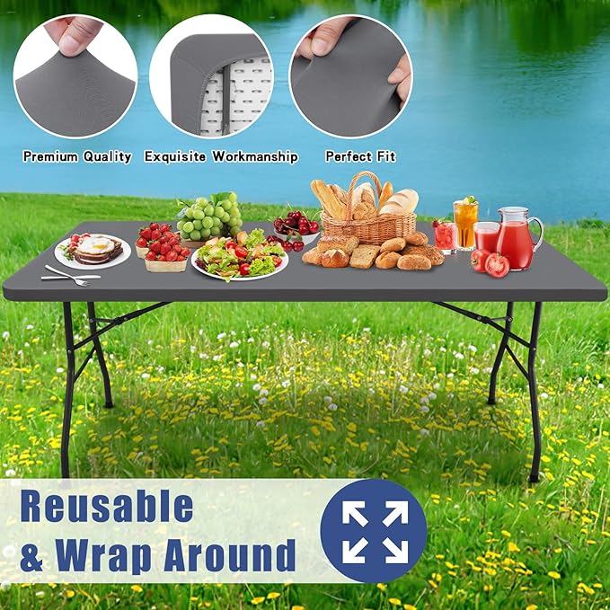 Moosfor 2 Pack Rectangle Spandex Fitted Table Cloth, 8FT Elastic Tablecloth | Washable Picnic Table Cover, Stretch Waterproof Table cloths for Party, Patio, Dining, Kitchen, 30" x 96", Grey