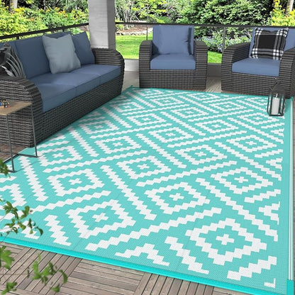 GENIMO Outdoor Rug, Waterproof Plastic Rugs for Patio, 6'x9' Mist Blue | Outside Larger Modern Carpet Mat for Porch Decor, Deck, Balcony, Camping, RV, Backyard, Picnic, Beach, Reversible, Foldable