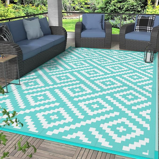 GENIMO Outdoor Rug, Waterproof Plastic Rugs for Patio, 6'x9' Mist Blue | Outside Larger Modern Carpet Mat for Porch Decor, Deck, Balcony, Camping, RV, Backyard, Picnic, Beach, Reversible, Foldable
