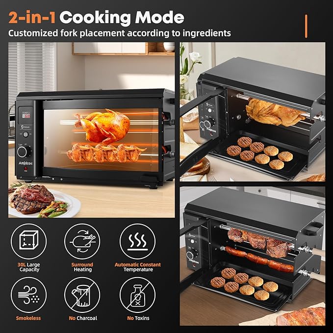 Electric Rotisserie Grill Indoor with Auto-Rotating Skewers, 31 QT Smoke-Free Rotisserie Oven with Timer for Brazilian Picanha BBQ, Churrasco, Black