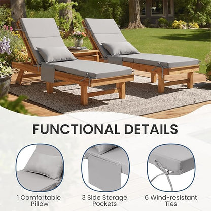 Crestlive Products Foldable Outdoor Chaise Lounge Cushions with Head Pillow and Side Pockets, Water Resistant & Fade Resistant Lounge Chair Cushion, 72''L x 21''W, Grey