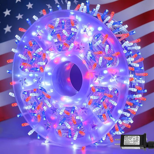 YEGUO 165ft 500 LED Red White and Blue Lights, 4th of July Decorations String Lights Plug in Indoor Outdoor, 8 Modes Clear Wire Patriotic Light for Independence Day Holiday Memorial Day Party Decor