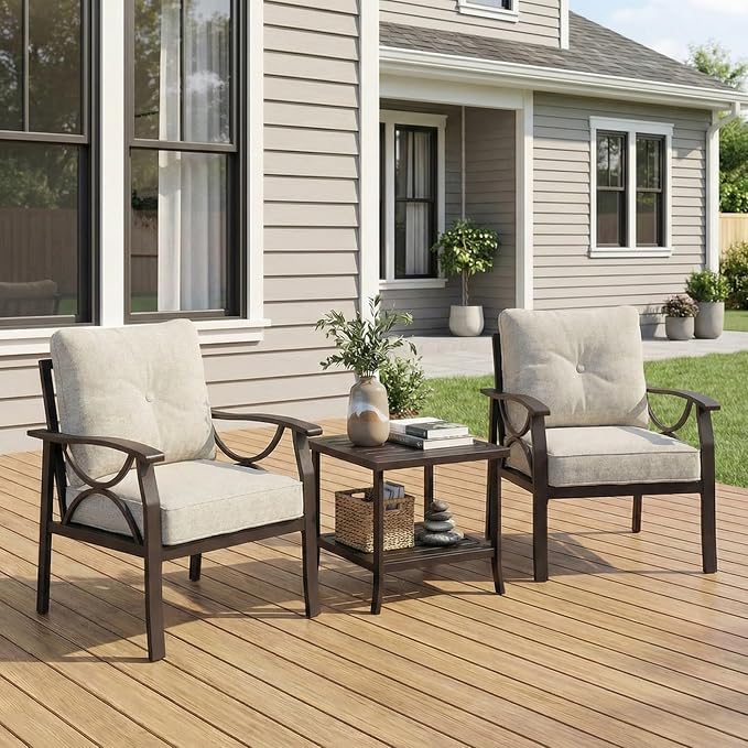 RoyalCraft Outdoor Patio Furniture Set, 3 Pieces Metal Patio Conversation Set with Side Table for Porch Garden Backyard, Beige