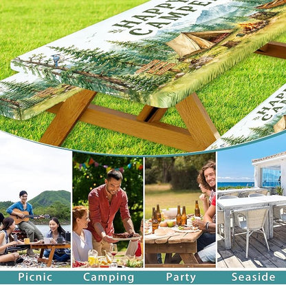 Picnic Table Cover with Bench Covers and Bag, Camping Essentials, Funny Wildlife Animals Forest Mountain Waterproof Windproof Camping Tablecloth, Fitted Rectangle Tables and Seats, 3 Pcs, 30x96 Inch