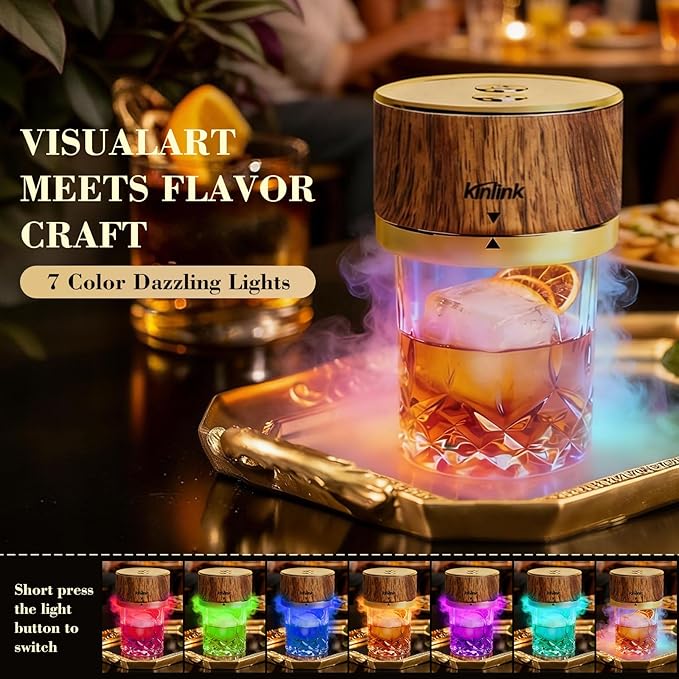 Electric Whiskey Smoker Kit - 7 Led Light, 6 Flavors Wood Chips, Gold Magnetic Old Fashioned Smoker Kit, Cocktail Whiskey Drink Smoke Bar Set, Gifts for Men Boyfriend Husband