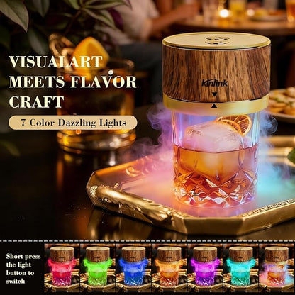 Electric Whiskey Smoker Kit - 7 Led Light, 6 Flavors Wood Chips, Gold Magnetic Old Fashioned Smoker Kit, Cocktail Whiskey Drink Smoke Bar Set, Gifts for Men Boyfriend Husband