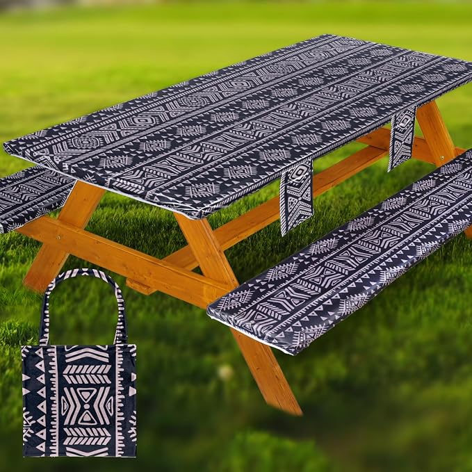 Wrakus Picnic Table Cover with Bench Covers Vinyl Elastic Edges Fitted Rectangle Seat Tables Waterproof 3-Piece96X30in Set Outdoor Rectangular Folding Backing Tablecloth for Camping Over Size