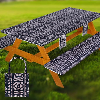 Wrakus Picnic Table Cover with Bench Covers Vinyl Elastic Edges Fitted Rectangle Seat Tables Waterproof 3-Piece96X30in Set Outdoor Rectangular Folding Backing Tablecloth for Camping Over Size