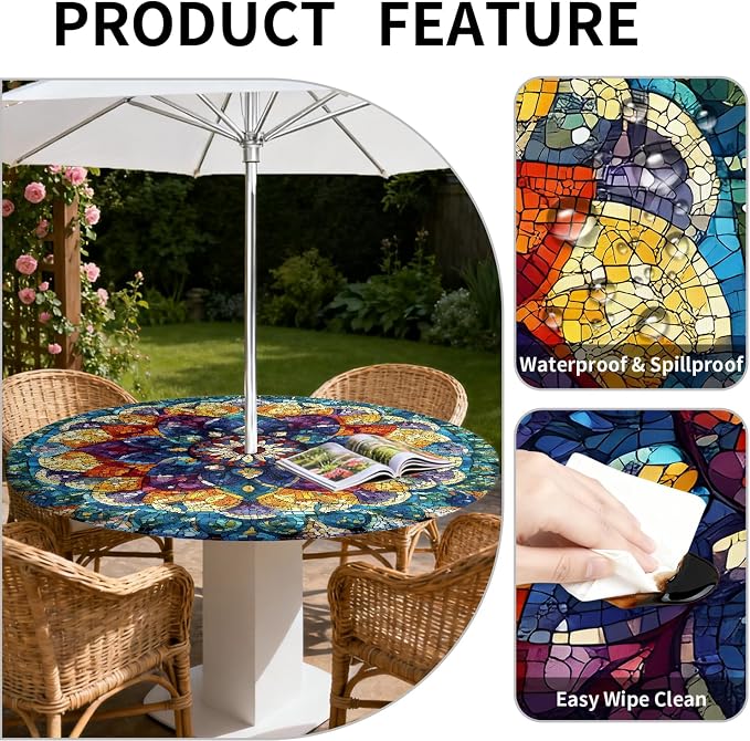Outdoor Tablecloth with Umbrella Hole and Zipper Fits 53-60" Tables | Waterproof Round Fitted Tablecloth with Elastic Edge, Wipeable Outdoor Table Cover for Patio, Garden, Picnic
