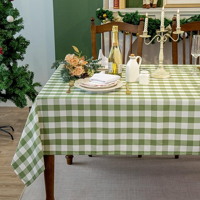 Green and White Gingham Tablecloth, Spring Plaid Waterproof Table Cover for St Patrick's Day, Indoor Dining, Kitchen Table, Garden Picnic, Rectangle Tablecloth for Home Use, W52 x L70 in