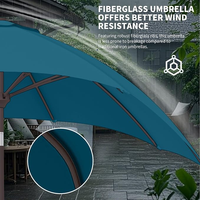 Kingdura 9FT Outdoor Patio Umbrella, Round Market Table Umbrella with Push‑Button Tilt and Crank Lift, 8 Sturdy Metal Ribs, UV50+ Protection Canopy for Backyard, Lawn, Deck, Poolside, Garden (Lake blue)