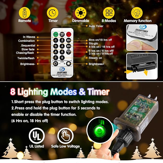 KNONEW 532FT 1600LED Green Wire Outdoor Fairy Lights Plug in Warm White | Timer,Memory,Dimmable,Remote,Waterproof,Green Wire,Invisible in Greenery,for Garden,Wedding,Party, Indoor/Outdoor, Christmas