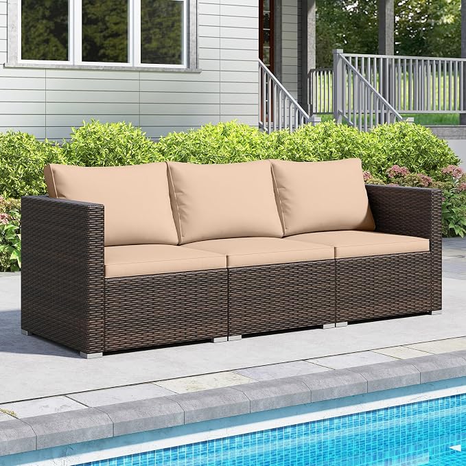 Tangkula 3 Seat Outdoor Wicker Sofa Set, Modular PE Rattan Patio Cushioned Sectional Couch Set, Outside Furniture Set for Deck, Backyard, Porch, Garden & Poolside (Brown-Beige)