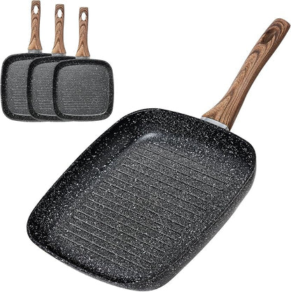 NEWBULIG 3-Piece Nonstick Grill Pan Set, Square Griddle Pans with Wooden Handles, Induction Cooktop Compatible, Nonstick Cookware for Steak, BBQ, Vegetables, Black, 9.5, 10.2, 11 Inch