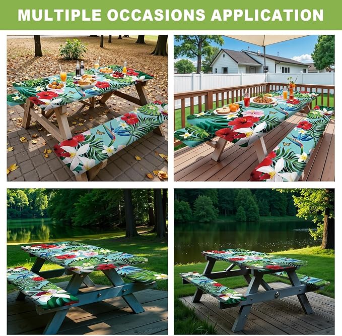 FOREVER QUEEN Picnic Table Cover with Bench Covers 72in,Waterproof Windproof Fitted Tablecloth,Tropical Floral Camping Essentials with Drawstring Bag,for RV,Patio,Park & Backyard