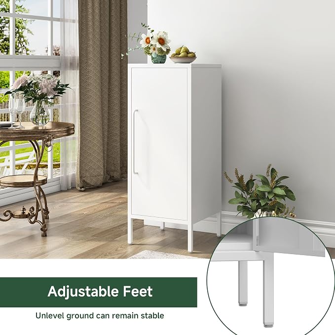 Metal Storage Cabinet with 2 Adjustable Shelves Small Storage Cabinets with Door for Office Kitchen Bathroom Living Room Pantry Garage (White)