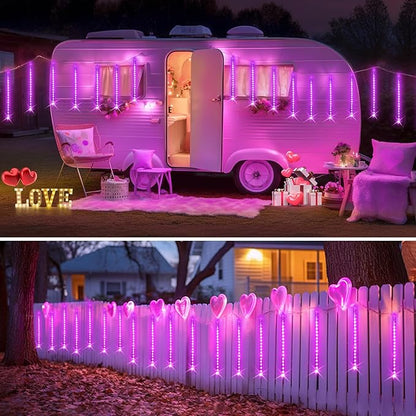 JMEXSUSS Pink Valentine Lights Outdoor, 8 Tube 144 LEDs Solar Meteor Shower Lights Outdoor, Solar Christmas Lights for Tree Eave Holiday Party Patio House Wedding Valentine's Day Decor