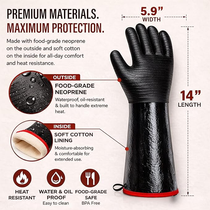 GRILL HEAT AID 932°F Heat Resistant BBQ Grill Gloves - Oil Resistant Waterproof Cooking Gloves for Deep Frying Turkey, Smoker Gloves Heat Proof for Grilling, Handling Hot Meat Rotisserie, 14" Neoprene
