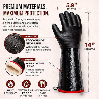 GRILL HEAT AID 932°F Heat Resistant BBQ Grill Gloves - Oil Resistant Waterproof Cooking Gloves for Deep Frying Turkey, Smoker Gloves Heat Proof for Grilling, Handling Hot Meat Rotisserie, 14" Neoprene