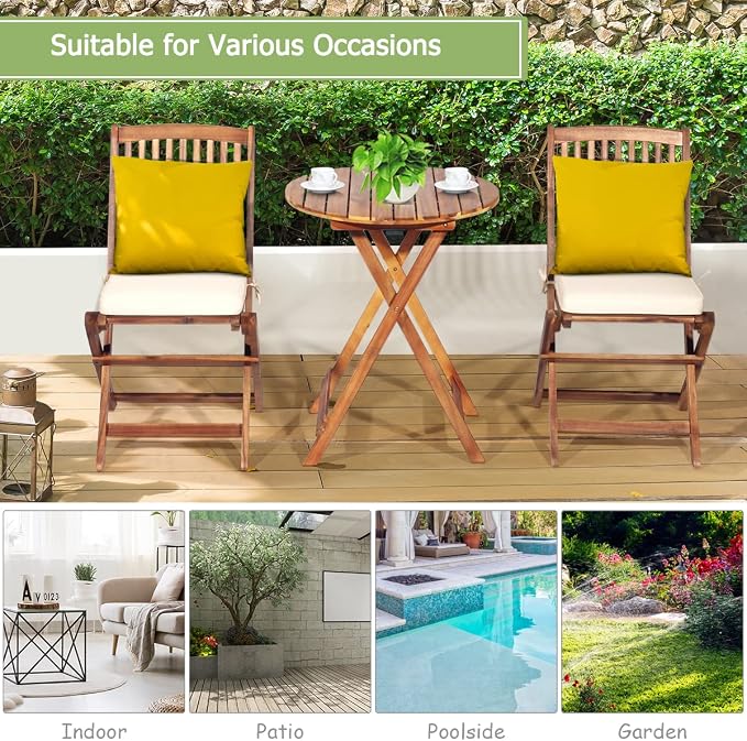 FANTASK 3 Pieces Folding Acacia Wood Bistro Set, Patio Furniture Set with Cushions & 1 Round Table, Indoor Outdoor Bistro Table and Chairs Set of 2 for Patio, Garden, Poolside, Porch, Lawn (Beige)