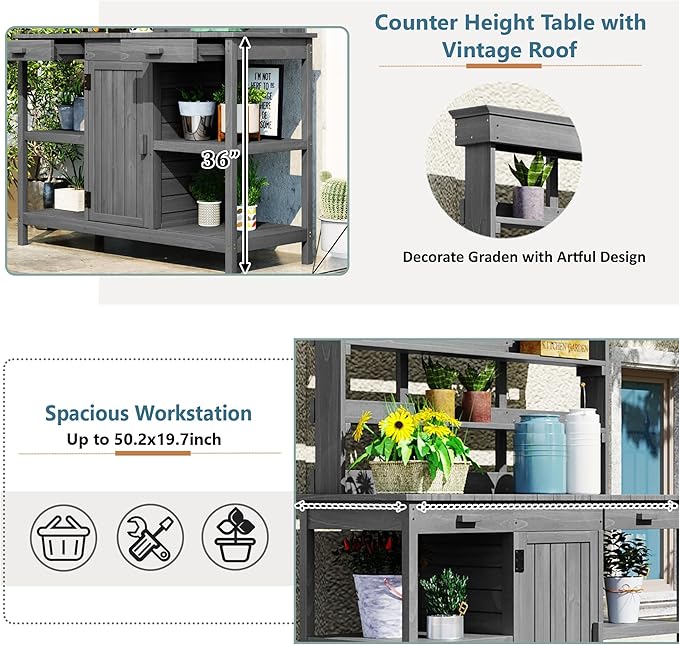 Merax 66" Large Outdoor Farmhouse Wooden Potting Bench Table, Garden Workstation with 2 Drawers, Cabinet, and Open Shelves for Backyard, Mudroom, Grey