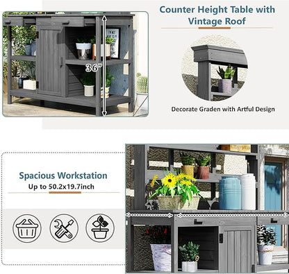 Merax 66" Large Outdoor Farmhouse Wooden Potting Bench Table, Garden Workstation with 2 Drawers, Cabinet, and Open Shelves for Backyard, Mudroom, Grey