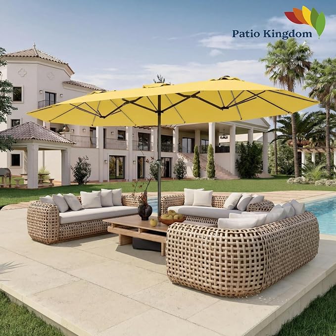 15FT Double Sided Patio Umbrella with Base Included Large Outdoor Market Umbrella with Crank Handle, UV Resistant Canopy, Sturdy Frame for Garden, Poolside, Deck, Sunshine Yellow