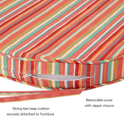 Set of 2 Outdoor 18 inch Round Patio Dining Chair Pads – Comfortable Fiber-Filled Seat Cushions with Ties, Reversible Polyester Fabric - Watermelon Stripe